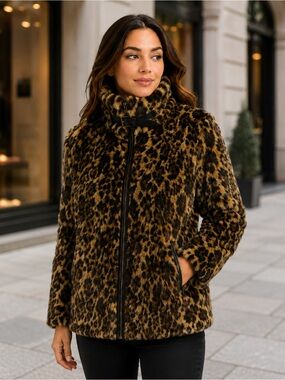 F4 Donna Salyers Fabulous-Furs Leopard Faux Fur Moto Jacket Large